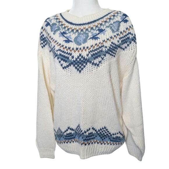 Vintage Huntington Ridge hand knitted fair isle cotton blend sweater ivory Med - Picture 4 of 6